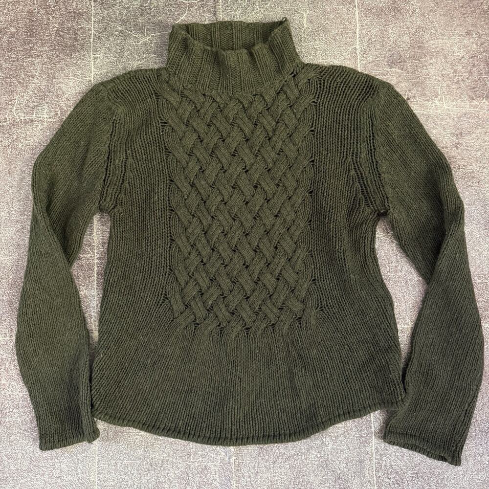 Women's Vintage ProMod Forest Army Green Cable Knit Wool Pullover Sweater Sz L